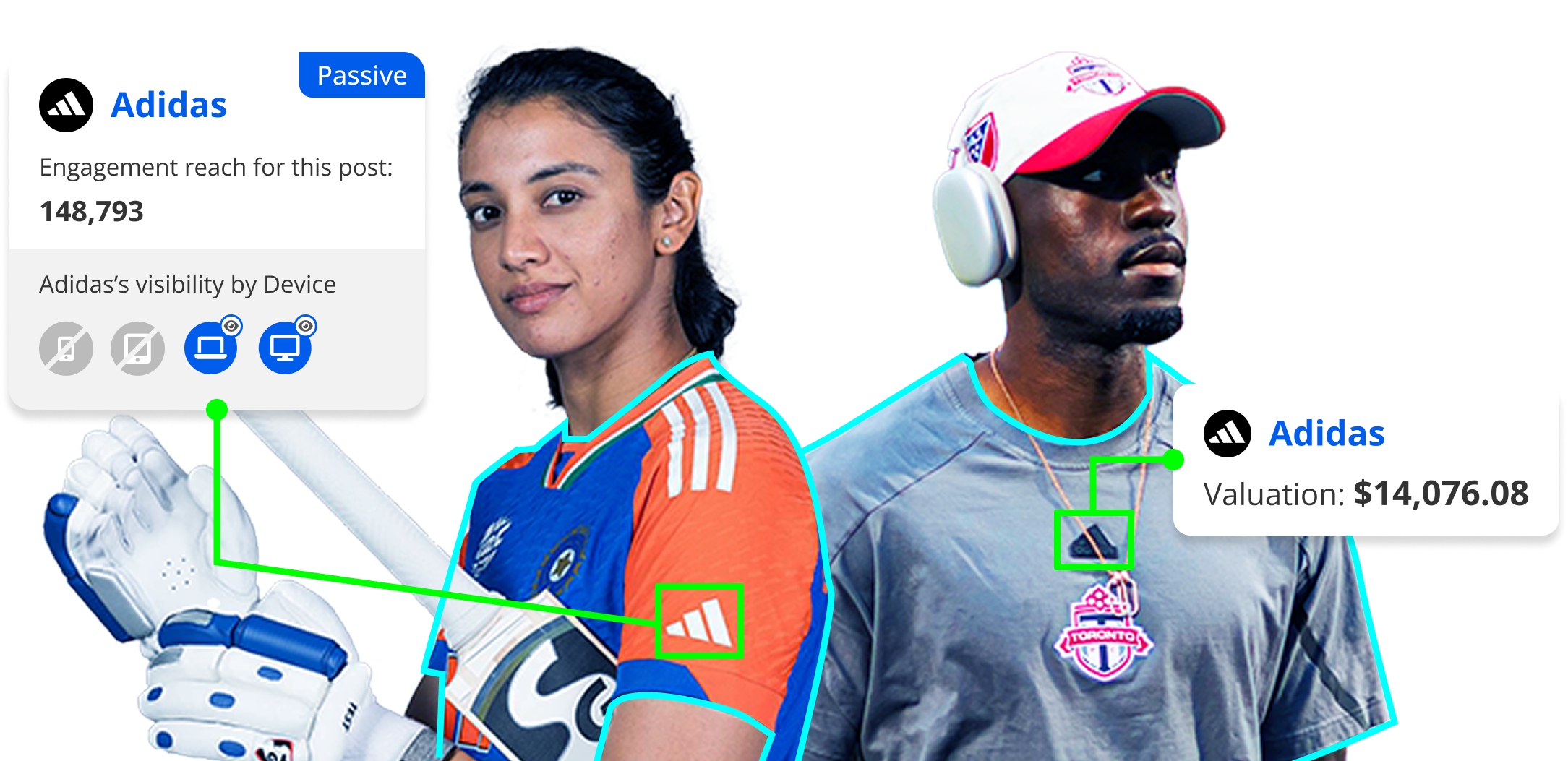 A marketing graphic for Blinkfire, featuring two athletes next to data points on sponsorship assets, and a call to action to Book a demo.