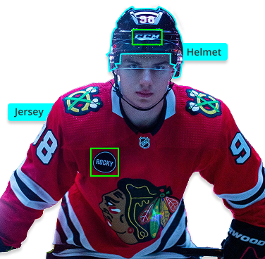 A marketing image for Blinkfire's valuation product, featuring a hockey player with a sponsored helmet and jersey highlighted by blue boxes