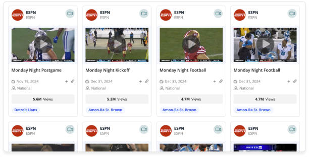 A Blinkfire graphic showing a series of small video thumbnails from a broadcast, each with data overlays of brand exposure and valuation.