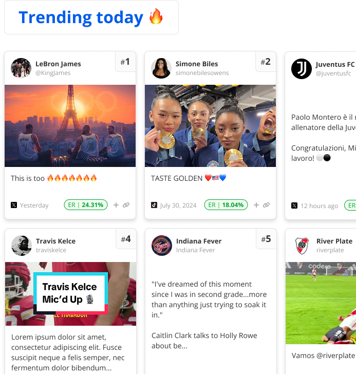 A hero image for Blinkfire Trends showing a Trending today dashboard with a grid of social media posts for various athletes and public figures, each with an engagement score.